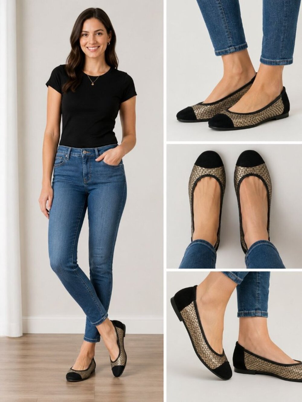Bernie Mev Woven Ballet Flats Women’s Gold & Black Cap Toe Casual Shoes Size 39